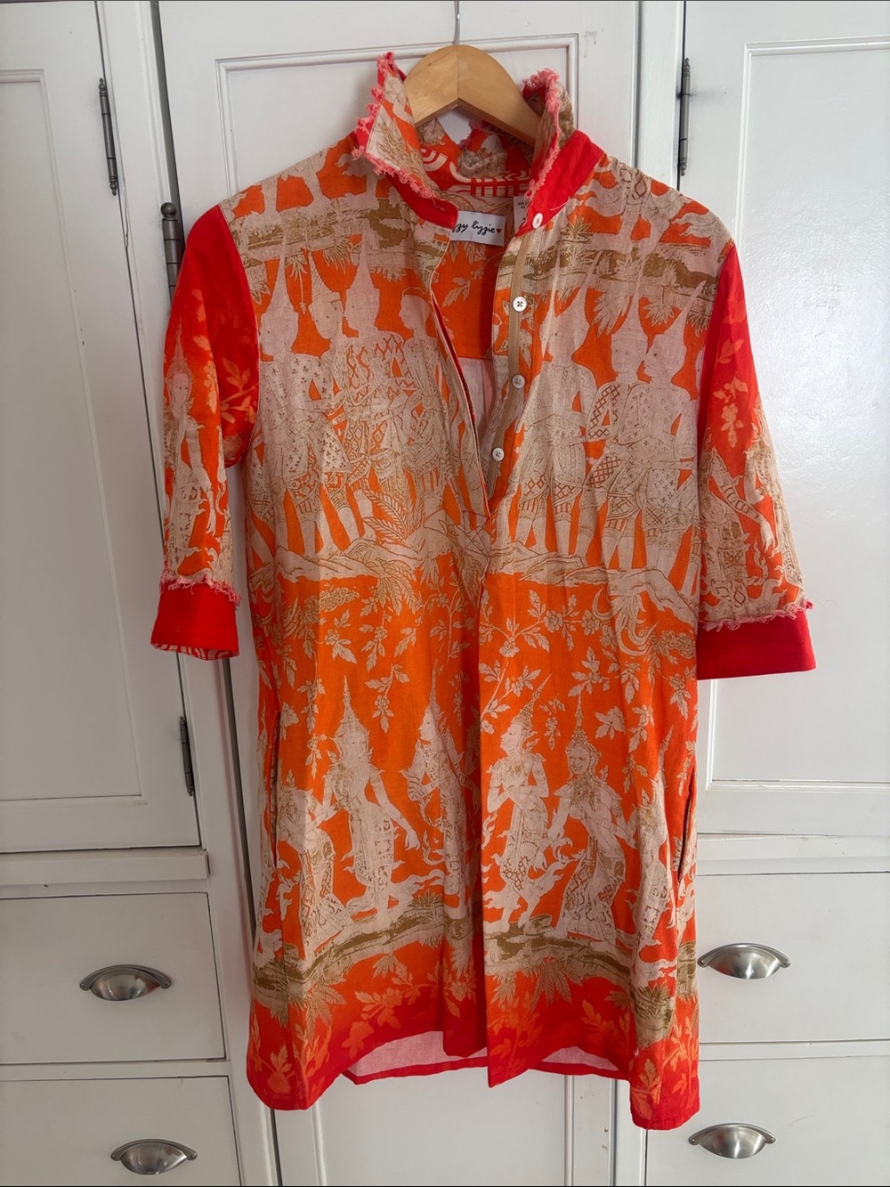 Women's Orange Printed Button-Down Tunic Dress